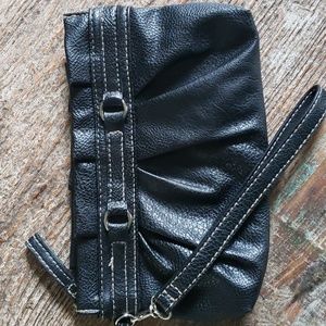 EUC Large Black Leather wristlet clutch.